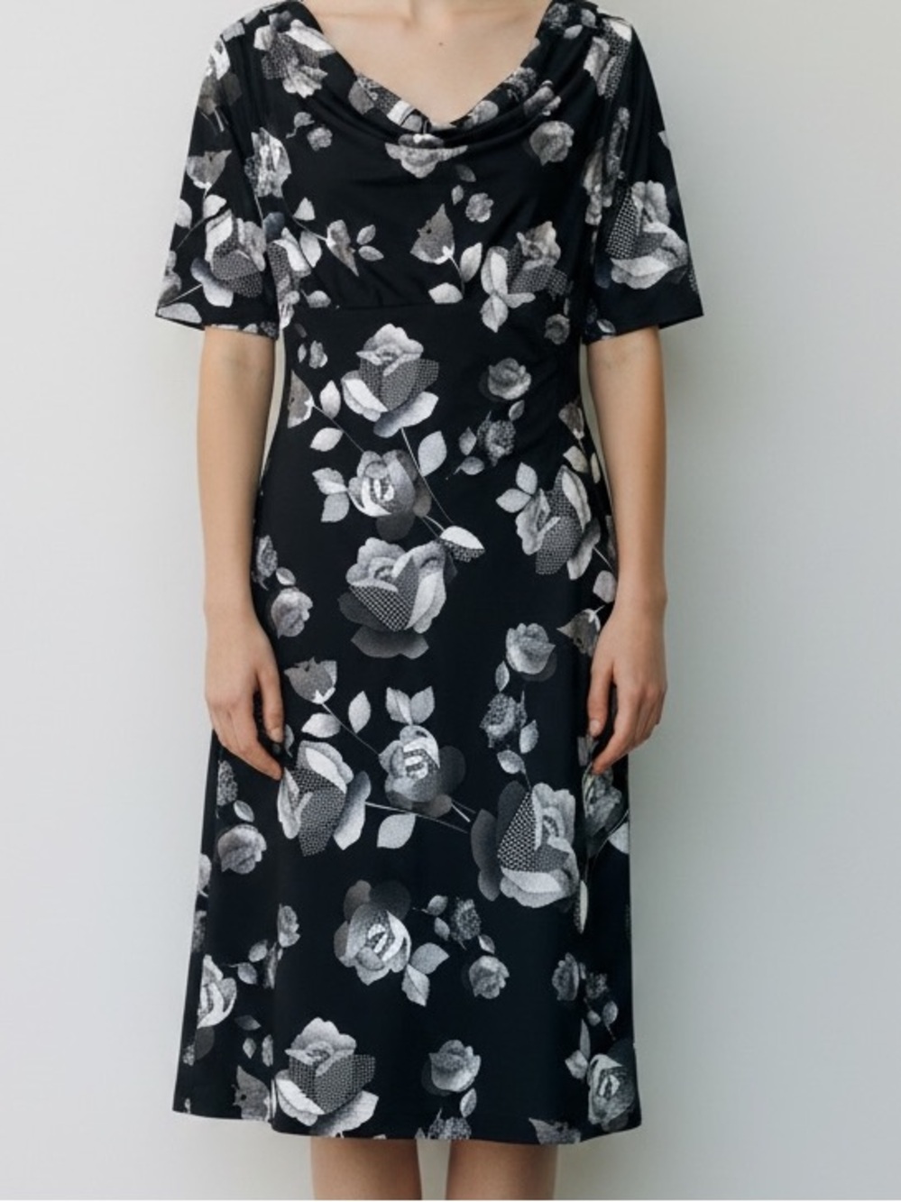 connected apparel Black Dress with Gray Floral Print